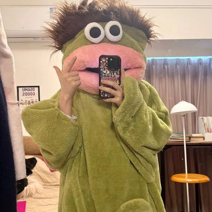 Big-mouth hood with googly eyes