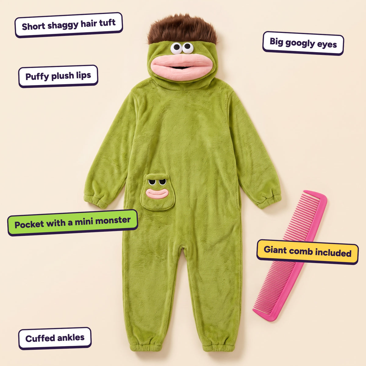 Flat lay of the Chompsie with labels: short shaggy hair tuft, big googly eyes, puffy plush lips, pocket with a mini monster, giant comb included, cuffed ankles