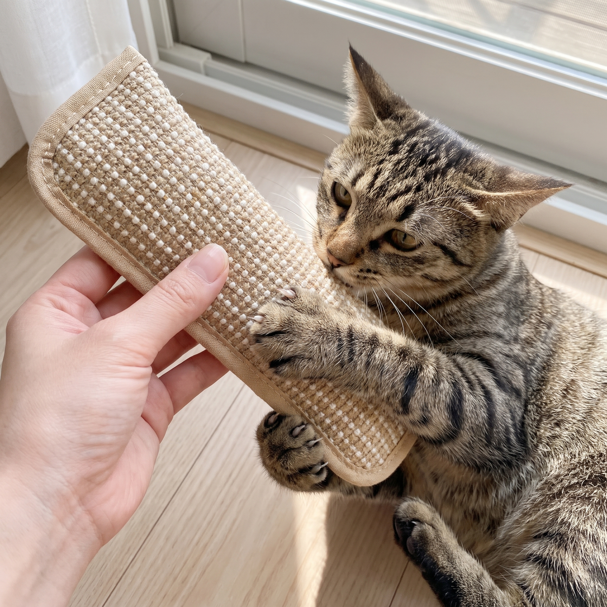 Tabby cat grabbing the kicker instead of the owner's hand