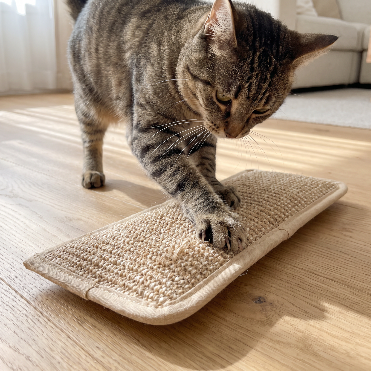 Cat scratching the woven sisal face