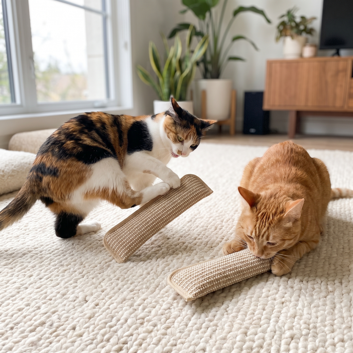 Two cats each playing with their own kicker