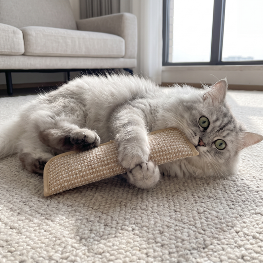 Silver tabby cat hugging and bunny kicking the Pouncia sisal catnip kicker