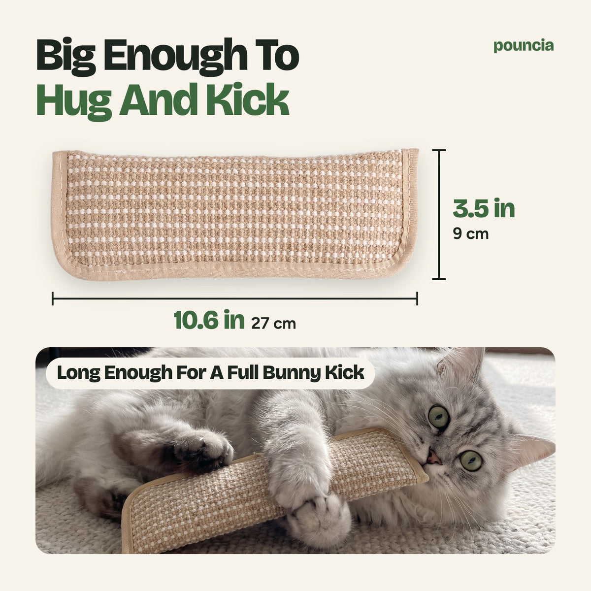 Sisal catnip kicker toy size: 10.6 x 3.5 in, long enough for a full bunny kick
