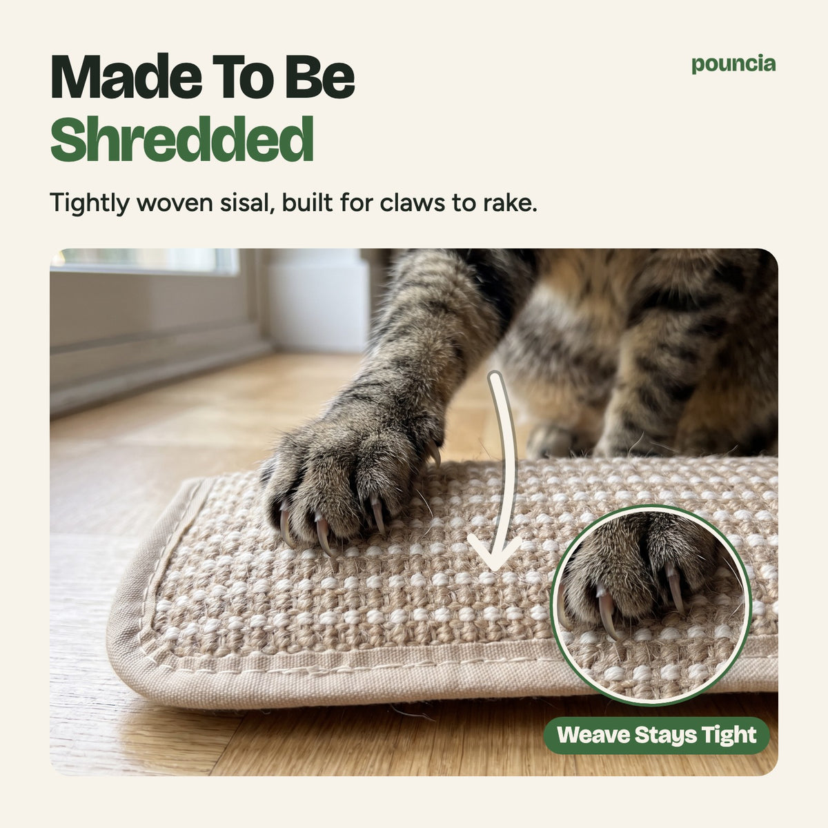 Made to be shredded: claws rake the woven sisal and the weave stays tight