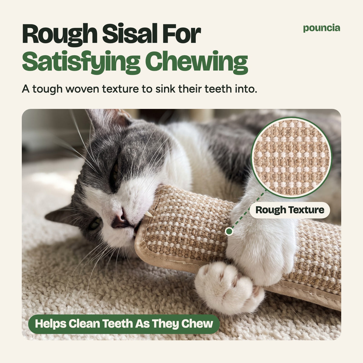 Rough sisal for satisfying chewing, helps clean teeth as they chew